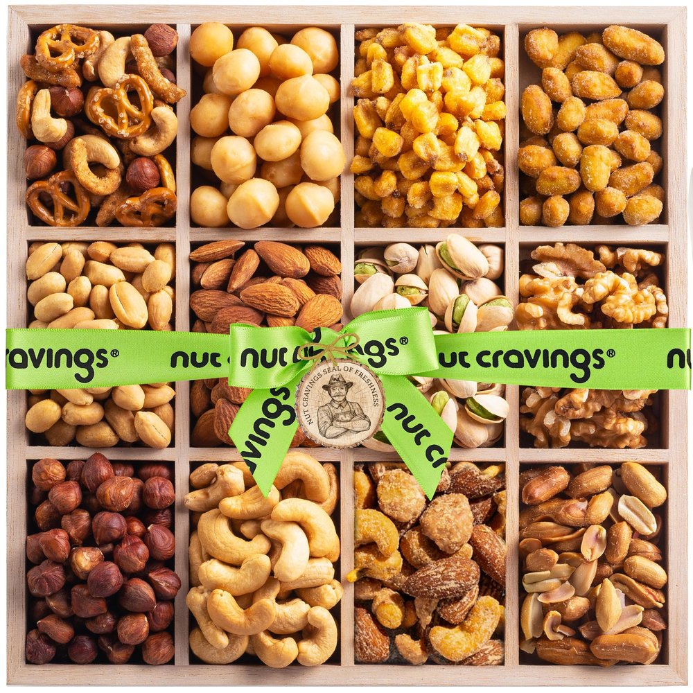 NUT CRAVINGS - Valentines Day Mixed Nuts Gift Basket in Reusable Wooden Tray + Green Ribbon (12 Assortments) Treats for Adults, Food Arrangement, Healthy Snack Care Package, Kosher