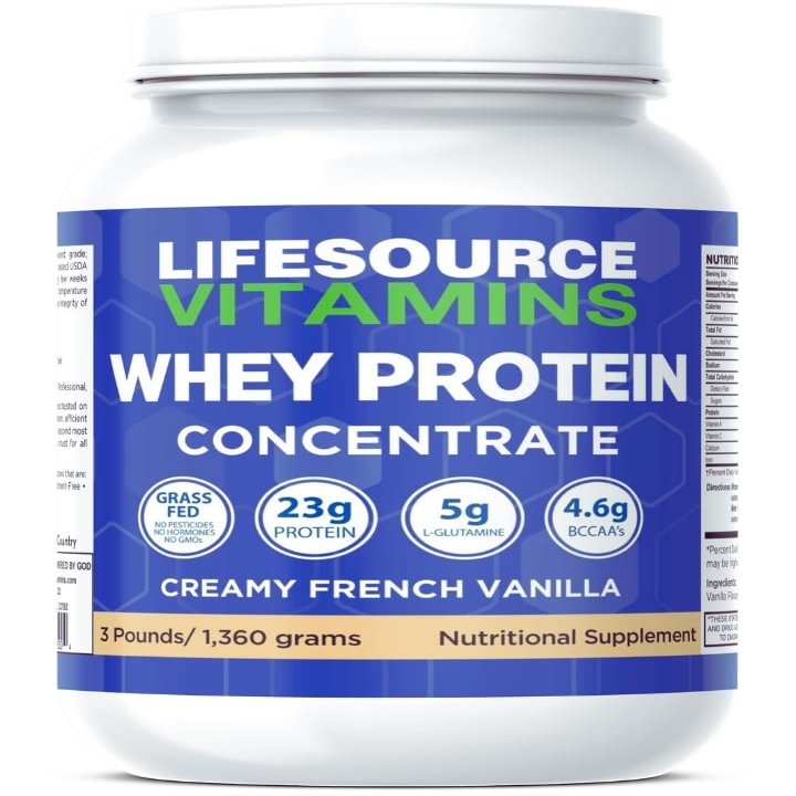 LifeSource Vitamins 3 lb Grass Fed Whey Protein Concentrate - Creamy French Vanilla w/Stevia - Free Priority Shipping