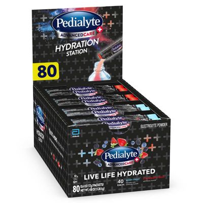 Pedialyte AdvancedCare Plus Electrolyte Powder Packets, Has 33% More Electrolytes and PreActiv Prebiotics, Variety Pack: Berry Frost and Strawberry Freeze, 24 Powder Packets