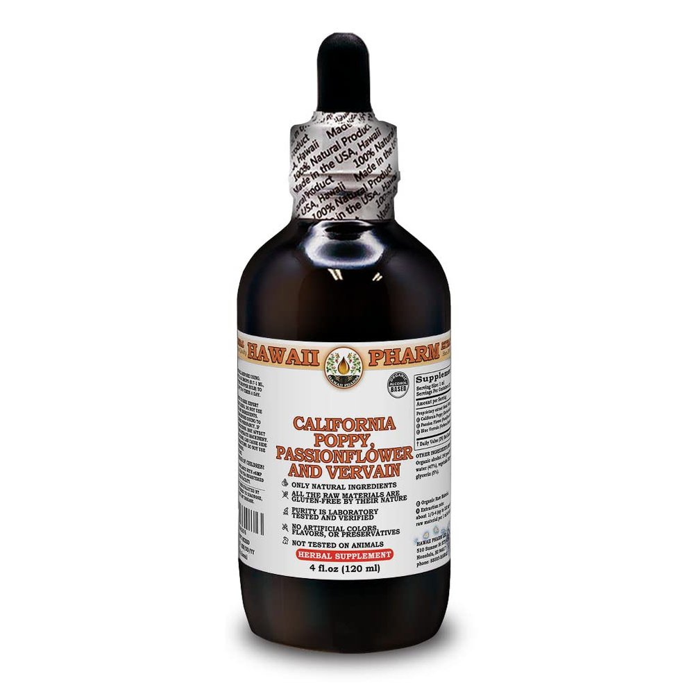 Organic California Poppy, Passionflower and Blue Vervain Liquid Extract Tincture, Herbal Supplement, Hawaii Pharm, Made in USA, 4 fl.oz