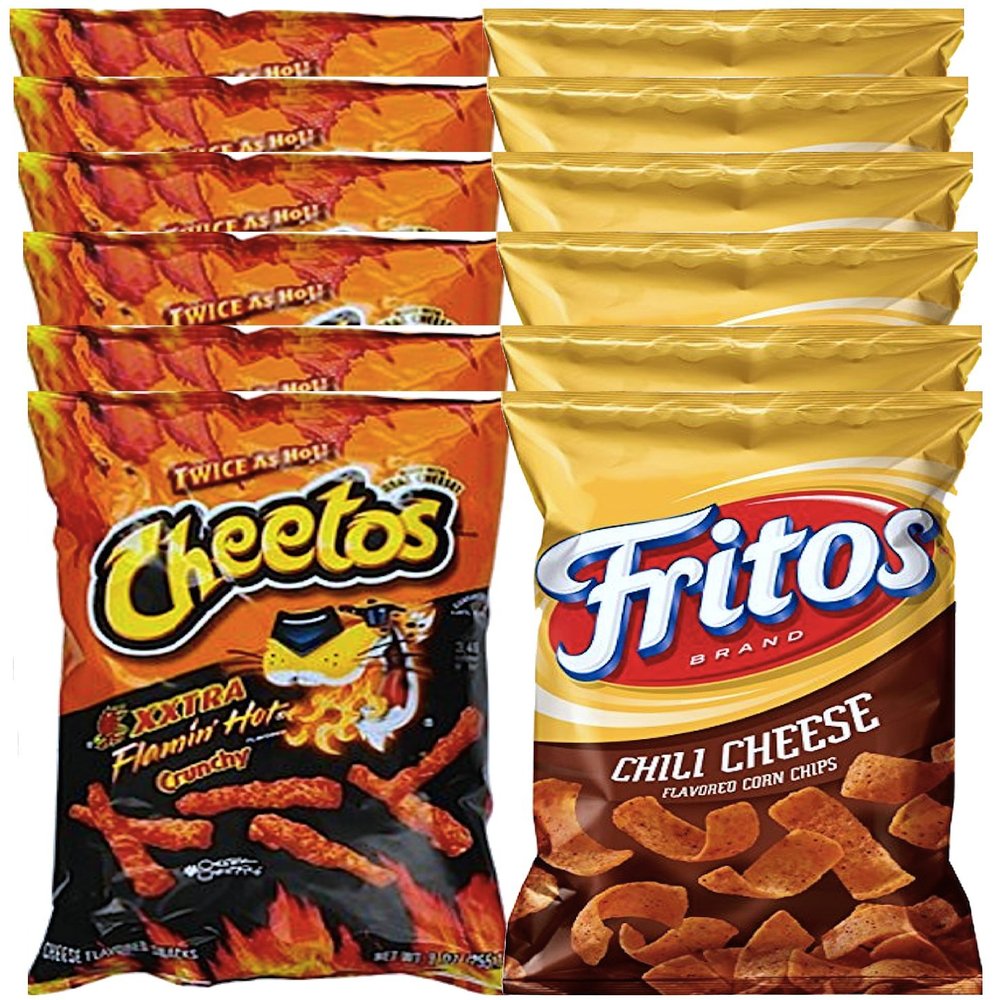 Cheetos Crunchy Xxtra Flamin Hot & Fritos Chili Cheese Corn Chips Snack Care Package for College, Military, Sports Approxiamtely 8.0 Oz (12)