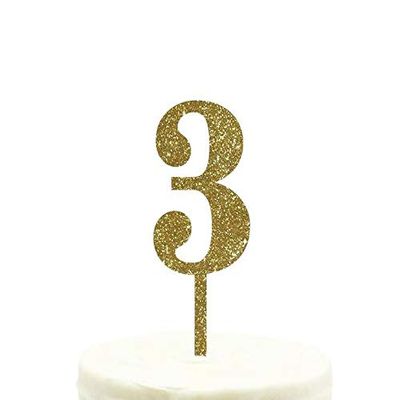 Andaz Press 3rd Birthday and Anniversary Acrylic Cake Toppers, Gold Glitter, Number 3, 1-Pack