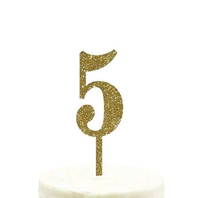 Andaz Press 5th Birthday and Anniversary Acrylic Cake Toppers, Gold Glitter, Number 5, 1-Pack
