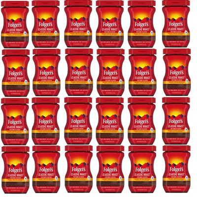 Folgers 20083 Classic Roast Instant Coffee Crystals, 3 Ounces, 100% Pure Coffee, Medium Roast, Easy-open Flip Top Lid, Portable Plastic Jar, Pack of 24