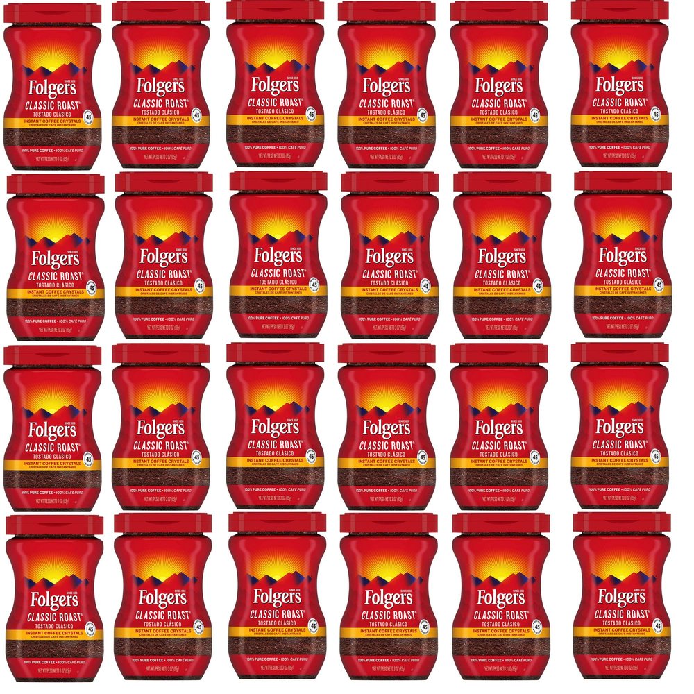 Folgers 20083 Classic Roast Instant Coffee Crystals, 3 Ounces, 100% Pure Coffee, Medium Roast, Easy-open Flip Top Lid, Portable Plastic Jar, Pack of 24