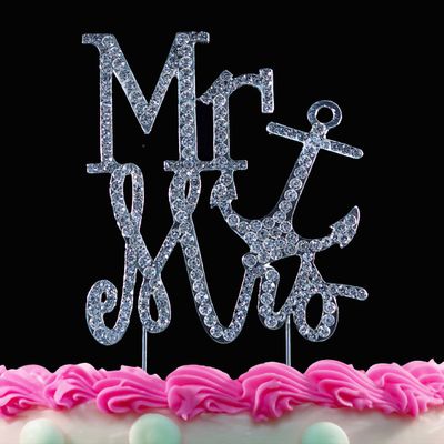 Mr & Mrs Anchor Crystal Cake Toppers Bling Silver Cake Decorations Weddings Anniversary Showers Party by Yacanna
