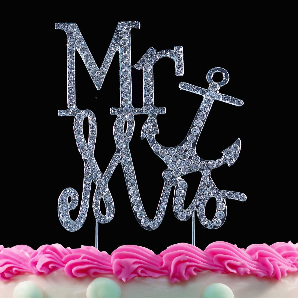 Mr & Mrs Anchor Crystal Cake Toppers Bling Silver Cake Decorations Weddings Anniversary Showers Party by Yacanna