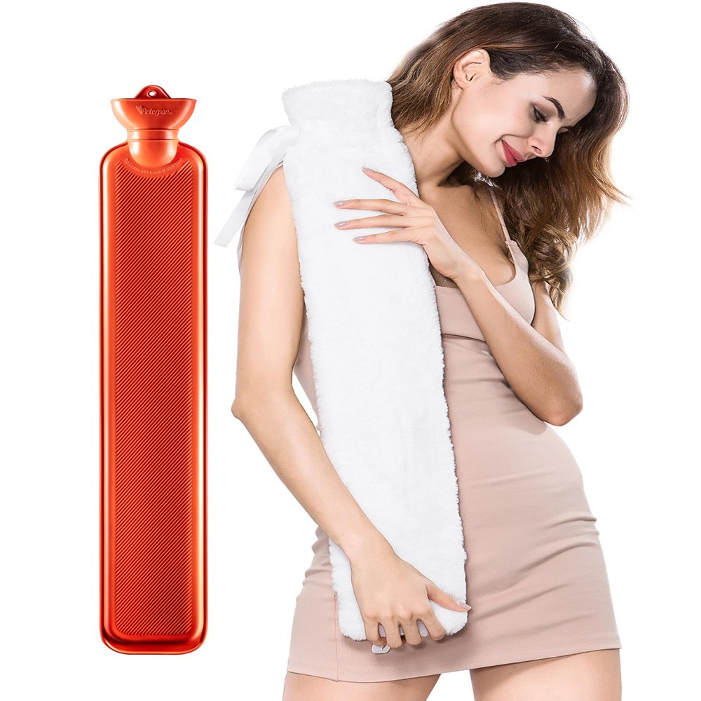 Peterpan Long Hot Water Bottle with Cover, Hot Water Bag for Pain Relief, Holds 70 fl oz, BPA & Phthalate-Free, High Rubber Content, White