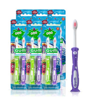 GUM Monsterz Children and Toddler Toothbrush, Soft Bristled Kids Toothbrush with Suction Cup, for Ages 2+, 2 Count(Pack of 6)