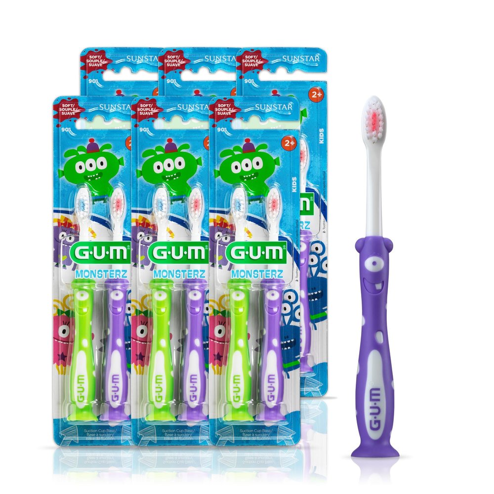 GUM Monsterz Children and Toddler Toothbrush, Soft Bristled Kids Toothbrush with Suction Cup, for Ages 2+, 2 Count(Pack of 6)