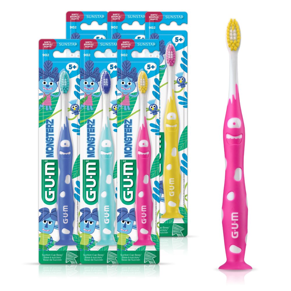 GUM Monsterz Jr Kids Toothbrush, Soft Bristled Childrens Toothbrush with Suction Cup, for Ages 5+, 1 Count(Pack of 6)