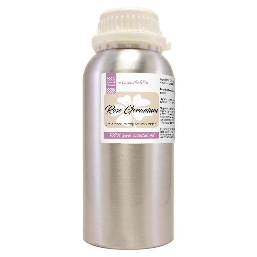 Essential Oil 16 fl oz (473 ml) Aluminum Bottle w/Plug Cap 100% Pure Essential Oil GreenHealth (Rose Geranium)