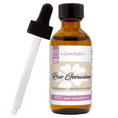 Rose Geranium Essential Oil 2 fl oz (59 ml) Glass Bottle w/Glass Dropper 100% Pure Essential Oil GreenHealth