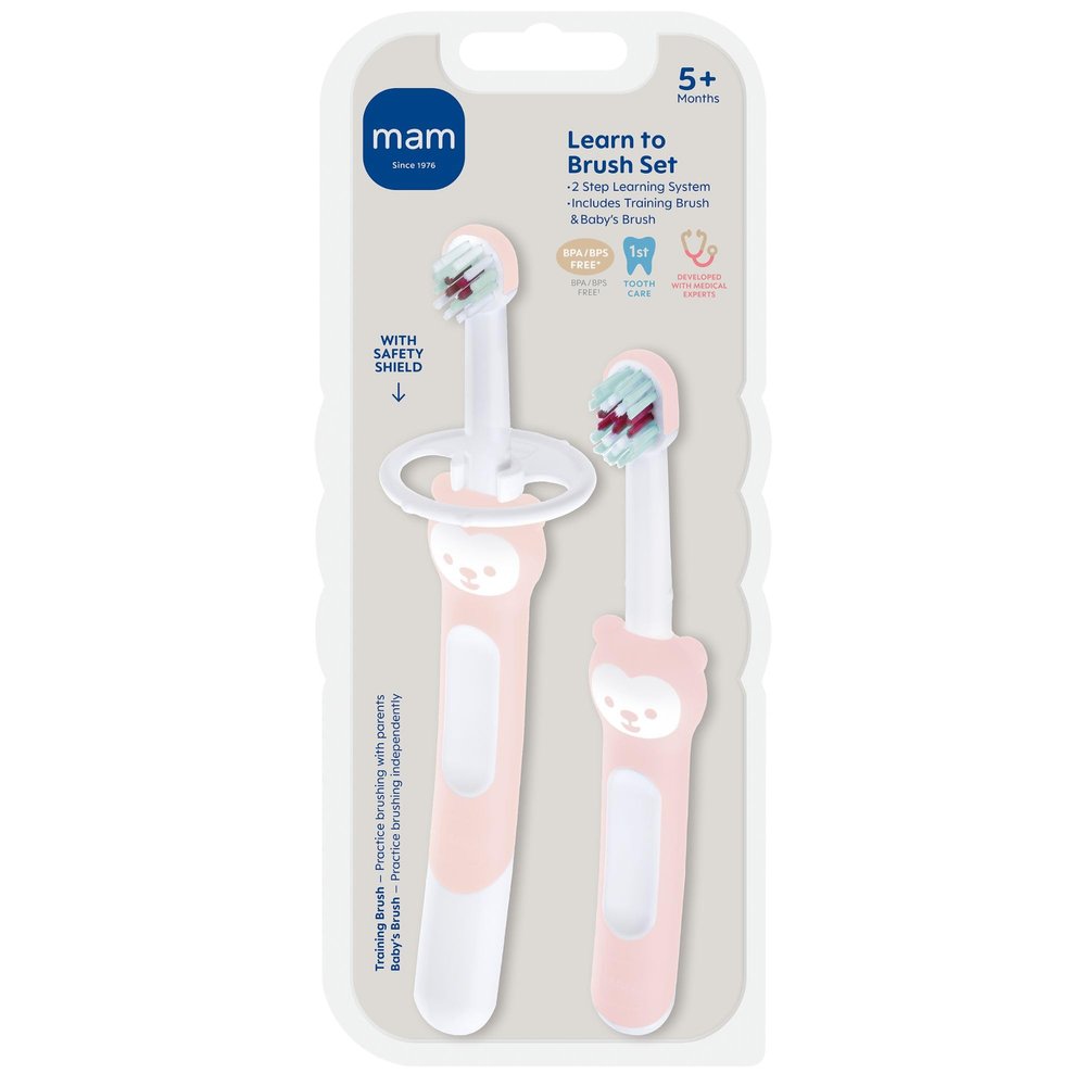 MAM Learn to Brush Set (1 Baby's Brush Toothbrush, 1 Training Brush, 1 Safety Shield), Baby Toothbrushes with Brushy The Bear, Interactive App, for Girls 5+ Months, Blue