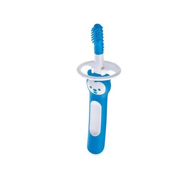 MAM Massaging Baby Toothbrush, Gum Cleaner and Massager with Brushy The Bear Character, Interactive App, for Boys 3+ Months, Blue
