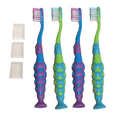 Secret for Longevity 4 Pack BPA Free Extra Soft Kids Childrens Toddler Child Toothbrush Set Easy Grip (3-8 Year Old)