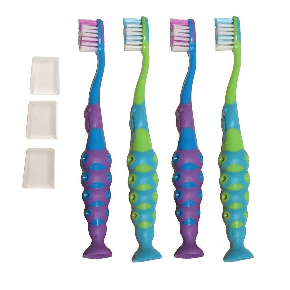 Secret for Longevity 4 Pack BPA Free Extra Soft Kids Childrens Toddler Child Toothbrush Set Easy Grip (3-8 Year Old)