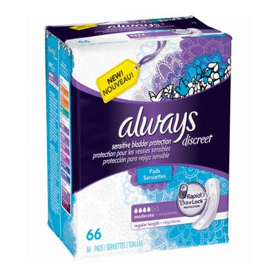 Always Discreet, Incontinence Pads, Moderate, Regular Length, 66 Count