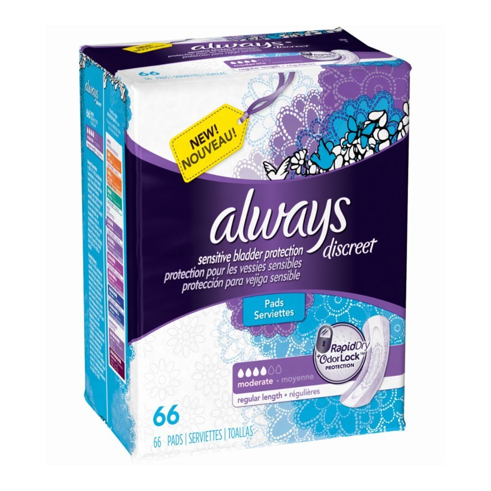Always Discreet, Incontinence Pads, Moderate, Regular Length, 66 Count