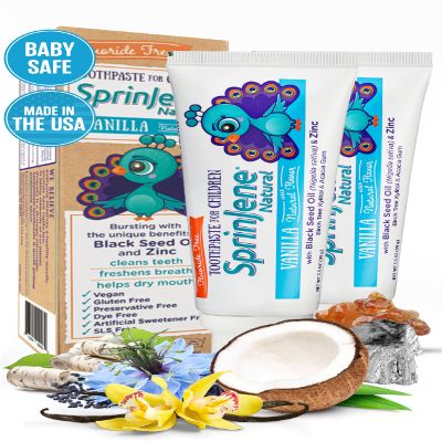 SprinJene Natural Childrens Toothpaste  Fluoride Free Vanilla Toothpaste for Toddlers & Kids  Gentle Safe Natural Formula with Patented Black Seed Oil & Zinc  Made in The USA (2 Pack)