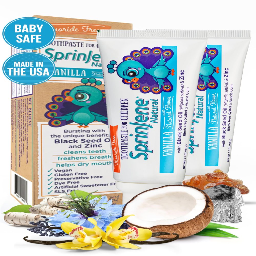 SprinJene Natural Childrens Toothpaste  Fluoride Free Vanilla Toothpaste for Toddlers & Kids  Gentle Safe Natural Formula with Patented Black Seed Oil & Zinc  Made in The USA (2 Pack)