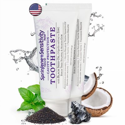 SprinJene Natural Sensitivity Relief Toothpaste  Fluoride Toothpaste for Sensitive Teeth & Cavity Protection  SLS Free with Patented Black Seed Oil & Zinc  Made in The USA (2 Pack)