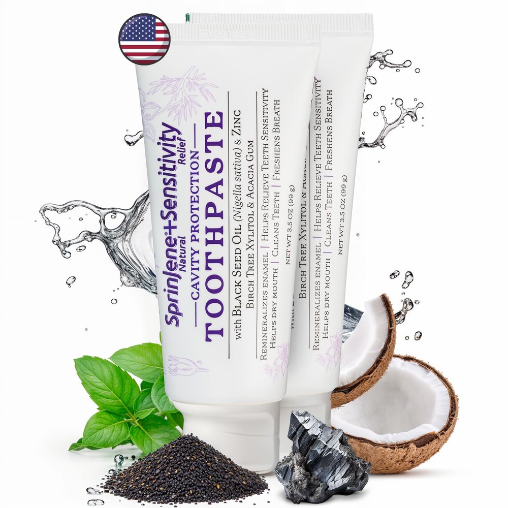 SprinJene Natural Sensitivity Relief Toothpaste  Fluoride Toothpaste for Sensitive Teeth & Cavity Protection  SLS Free with Patented Black Seed Oil & Zinc  Made in The USA (2 Pack)