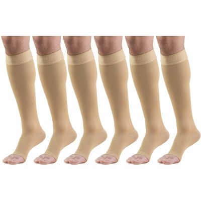 20-30 mmHg Compression Stockings for Men and Women, Knee High Length, Dot-Top, Open Toe Beige 2X-Large (6 Pairs)