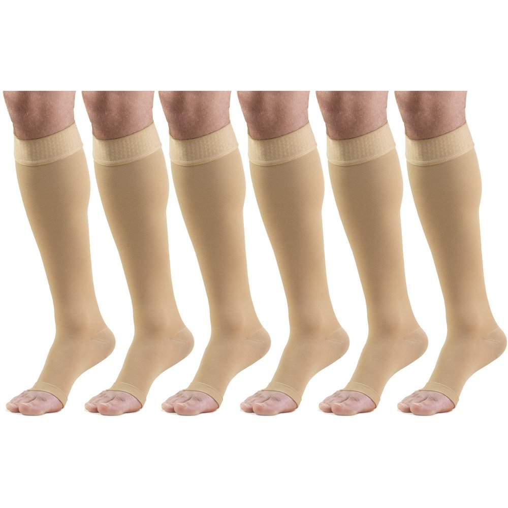 20-30 mmHg Compression Stockings for Men and Women, Knee High Length, Dot-Top, Open Toe Beige 2X-Large (6 Pairs)