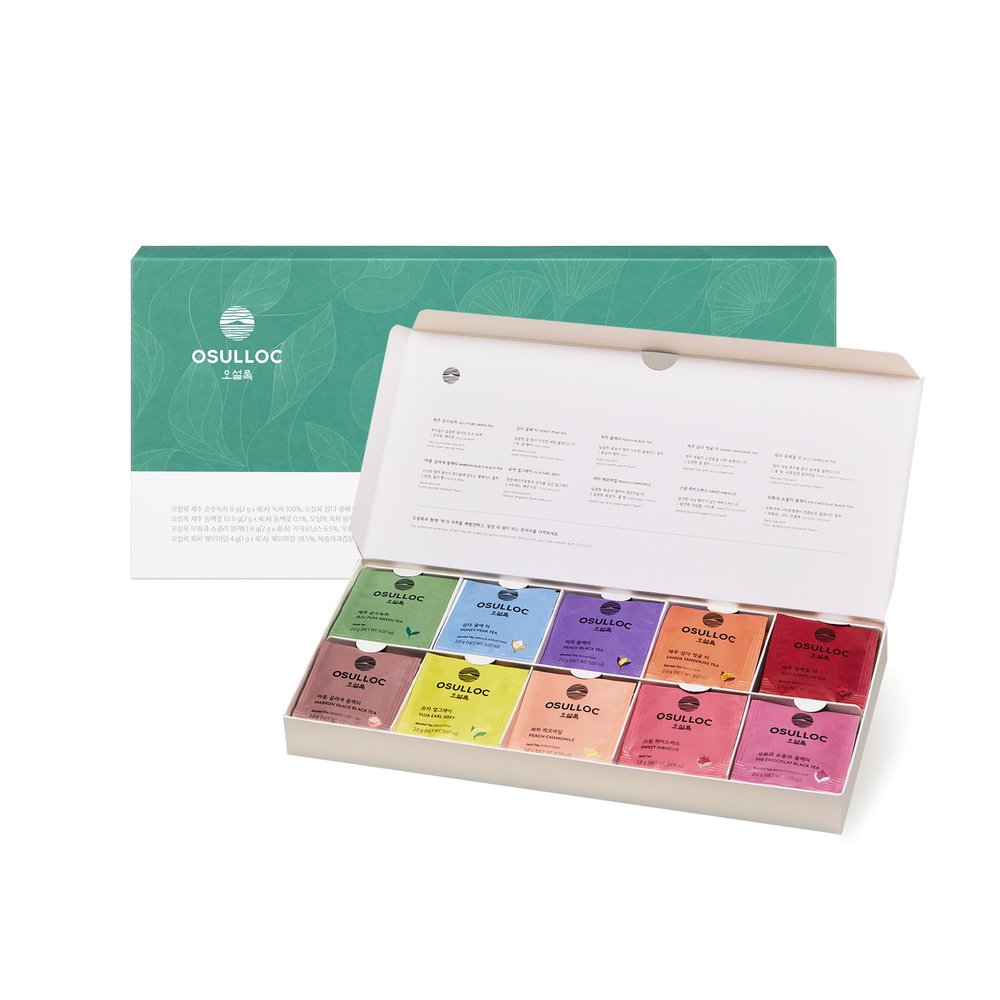 OSULLOC Premium Tea Collection (40 count, 10 flavors x 4 ea), Valentines Day Tea Gift Set, Self Care Sampler Gift Box, Premium Organic Pure & Blended Tea from Jeju