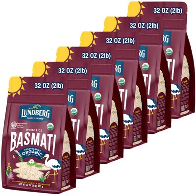 Lundberg White Basmati Rice, Regenerative Organic Certified, 6-Pack  Non-Sticky, Fluffy & Aromatic Long-Grain Rice, Responsibly Grown in California, 32 Oz Ea