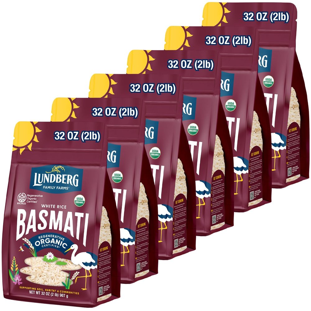 Lundberg White Basmati Rice, Regenerative Organic Certified, 6-Pack  Non-Sticky, Fluffy & Aromatic Long-Grain Rice, Responsibly Grown in California, 32 Oz Ea