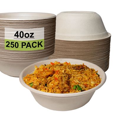 250 Count - EcoQuality 40oz Round Disposable Bowls Natural Sugarcane Bagasse Bamboo Fibers Sturdy Compostable Eco Friendly Environmental Paper Plastic Bowl Alternative Tree Free