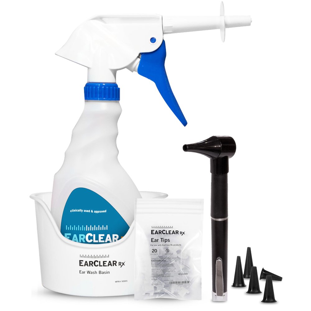 EarClearRX Flexible Tip Kit Complete at-Home Ear Cleaning Kit for Adults & Kids - Easy-to Use Ear Cleaner - Includes Bottle Washer, Basin, 20 Disposable Tips, Microfiber Towel & Otoscope Penlight