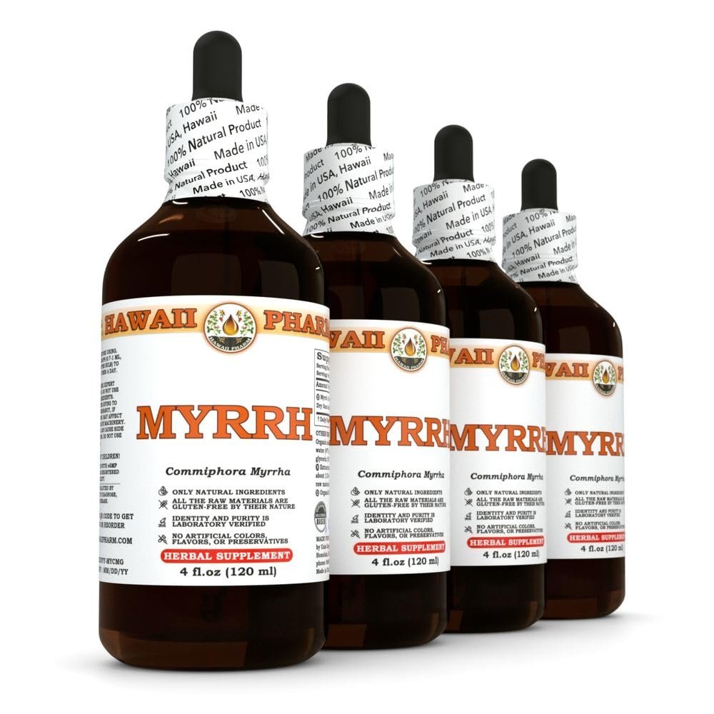 Myrrh Liquid Extract, Organic Myrrh (Commiphora myrrha) Tincture Herbal Supplement, Hawaii Pharm, Made in USA, 4x4 fl.oz