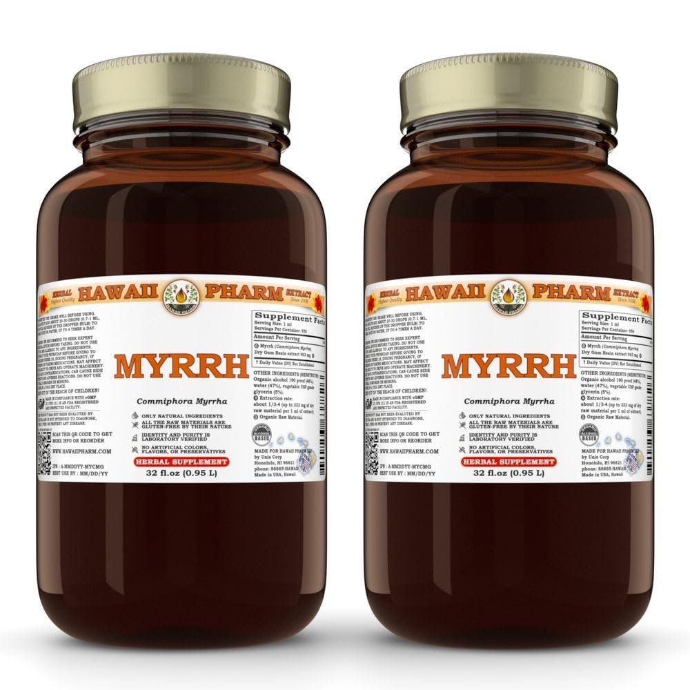 Myrrh Liquid Extract, Organic Myrrh (Commiphora myrrha) Tincture Herbal Supplement, Hawaii Pharm, Made in USA, 2x32 fl.oz