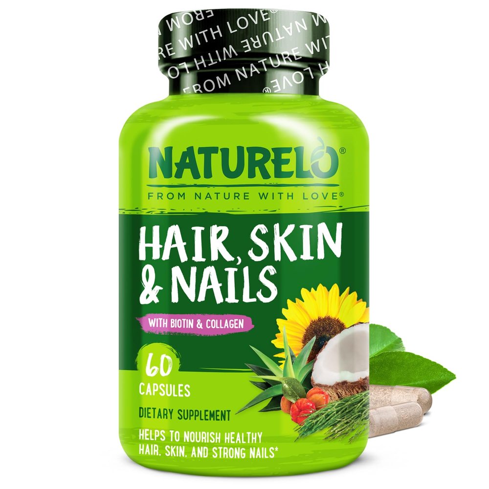 NATURELO Hair, Skin and Nails Vitamins - 5000 mcg Biotin, Collagen, Natural Vitamin E - Supplement for Healthy Skin, Hair Growth for Women and Men  60 Capsules