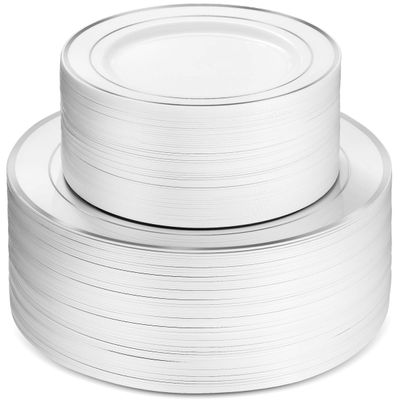 100 Silver Plastic Plates Set, 50 Pcs 10.25 Inch Dinner and 50 Pcs 7.5 Inch Plastic Dessert Plates, Elegant Fancy Heavy Duty Disposable Plates for Party, Wedding, White with Silver Rim