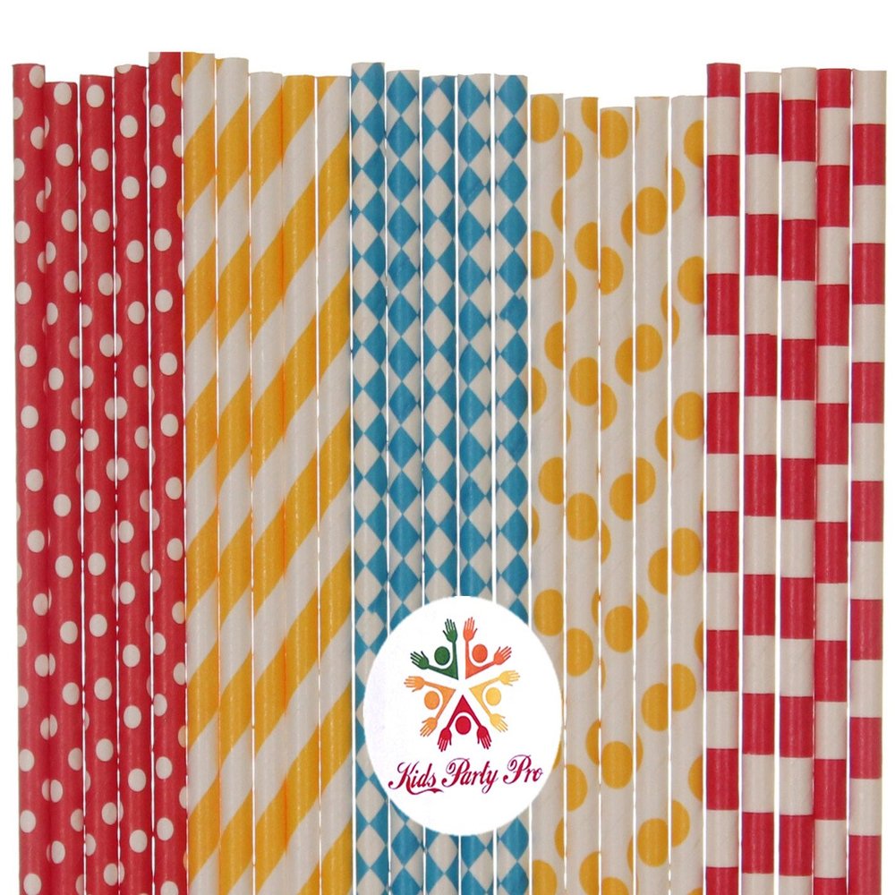 125 pcs Mixed Circus Party Paper Straws, Yellow Striped Polka Dot Red Sailor Stripe Dot Blue Diamond Beverage Paper Drinking Straws Bulk, Carnival Birthday Party Cake Pop Sticks
