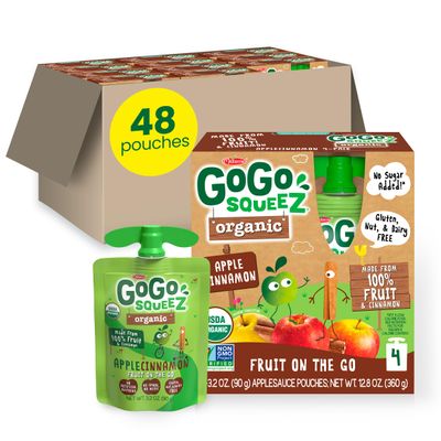 GoGo squeeZ Organic Applesauce and Fruit Puree, Apple Cinnamon, 3.2 oz (Pack of 48), Unsweetened Organic Fruit Snacks for Kids, Gluten Free, Nut Free and Dairy Free, Recloseable Cap, BPA Free Pouches