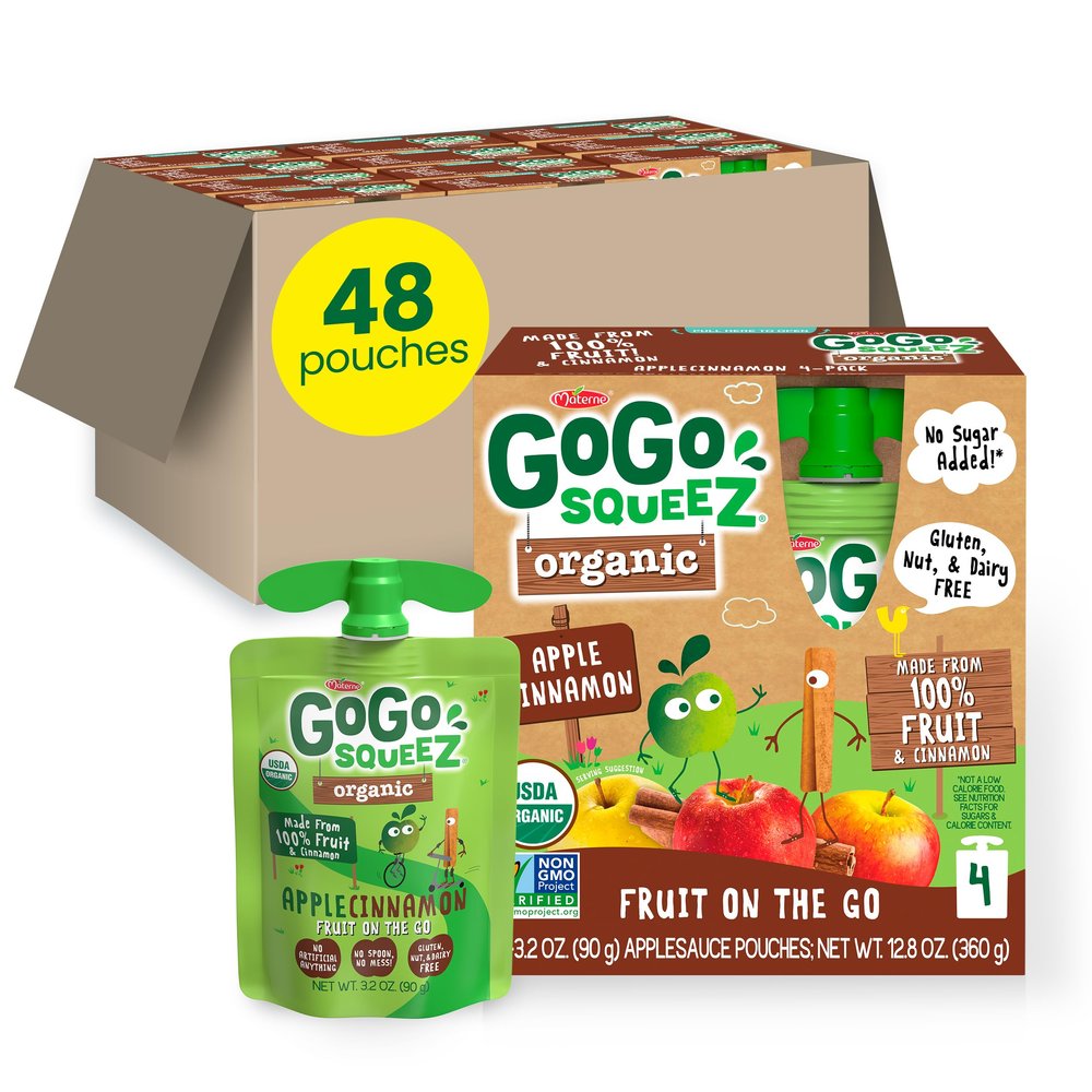 GoGo squeeZ Organic Applesauce and Fruit Puree, Apple Cinnamon, 3.2 oz (Pack of 48), Unsweetened Organic Fruit Snacks for Kids, Gluten Free, Nut Free and Dairy Free, Recloseable Cap, BPA Free Pouches