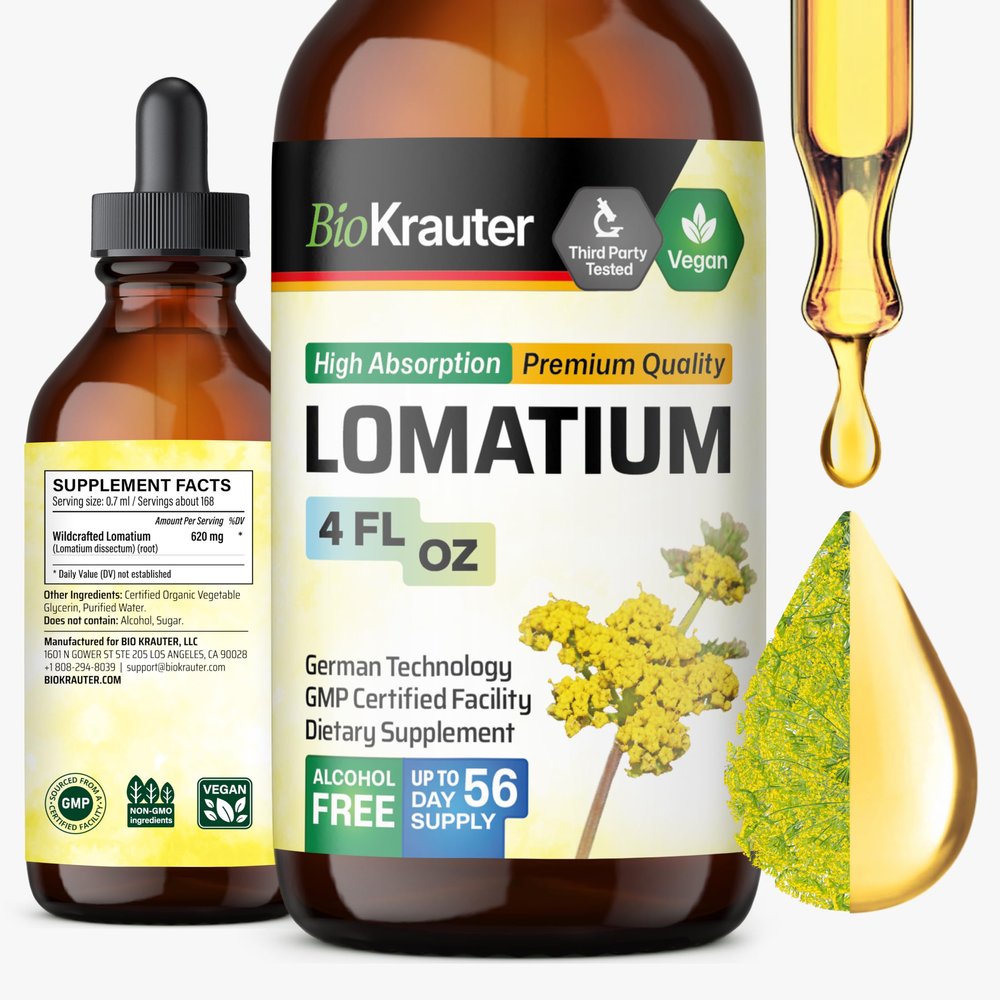 BIO KRAUTER Lomatium Tincture - Immune and Lung Support Supplement - Alcohol and Sugar Free Vegan Lomatium Root Tincture - 4 Fl.Oz.