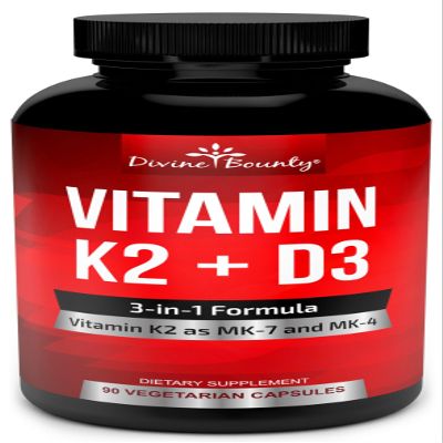 Divine Bounty Vitamin K2 (MK7 & MK4) with D3 Supplement - Vitamin K & D as MK-7 100mcg, MK-4 500mcg, and 5000 IU Vitamin D3 3-in-1 Formula - Bone and Heart Support - 90 Non-GMO Vegetarian Capsules