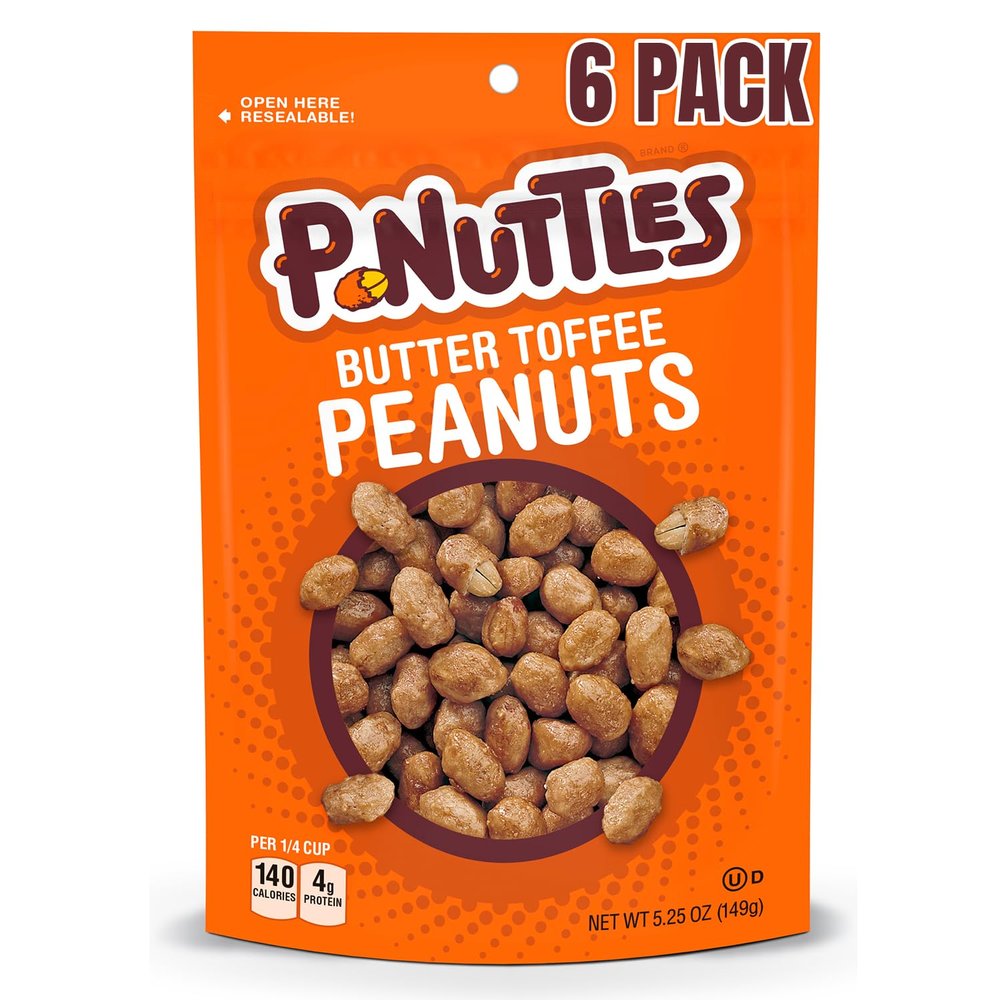 P-Nuttles Butter Toffee Covered Peanuts, 5.25 Oz Resealable Bag (Pack of 6) - Sweet & Salty Candied Peanuts Snacks - Perfect for Parties, Travel & Gatherings - Kosher Certified Crunchy Gourmet Snacks