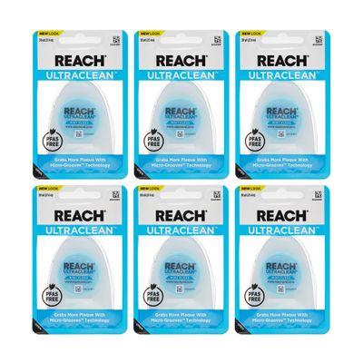 REACH Ultraclean Dental Floss, Mint, Plaque Remover for Teeth, Shred Resistant, Waxed, Easy on Gums & Teeth, Mint, Oral Care, PFAS Free, for Adults & Kids, 6 Pack, 30 yd