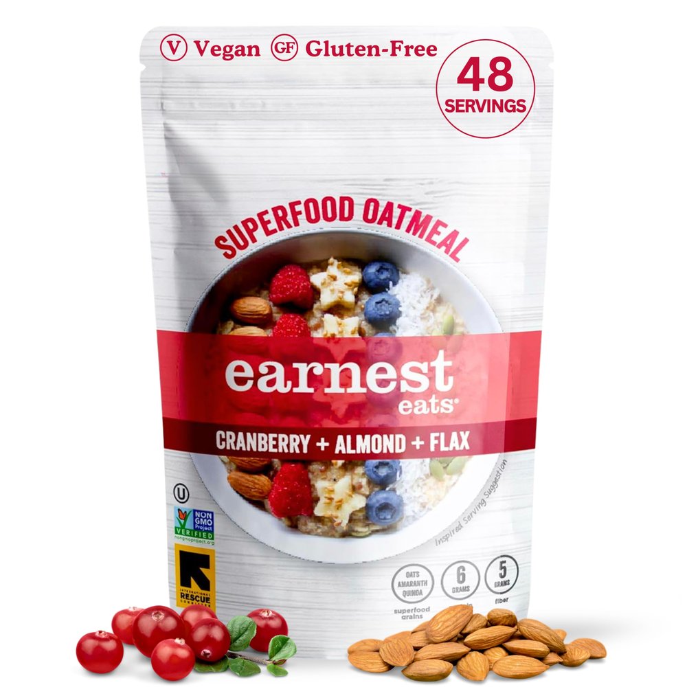 Earnest Eats Superfood Oatmeal Cranberry Almond Flax Vegan, Gluten-Free, 6g Plant Protein, 5g Fiber, No Added Sugar, 48 Servings Total (6 Pack)