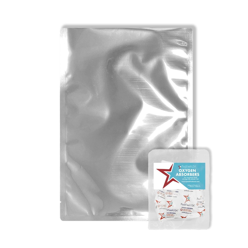 PackFreshUSA: Quart (8" x 12") AirTight Mylar Bags -300cc High-Capacity Oxygen Absorbers - Long-Term Food Storage - Genuine Standard Thickness - Heat Sealable - Free Guide - Pack of 100