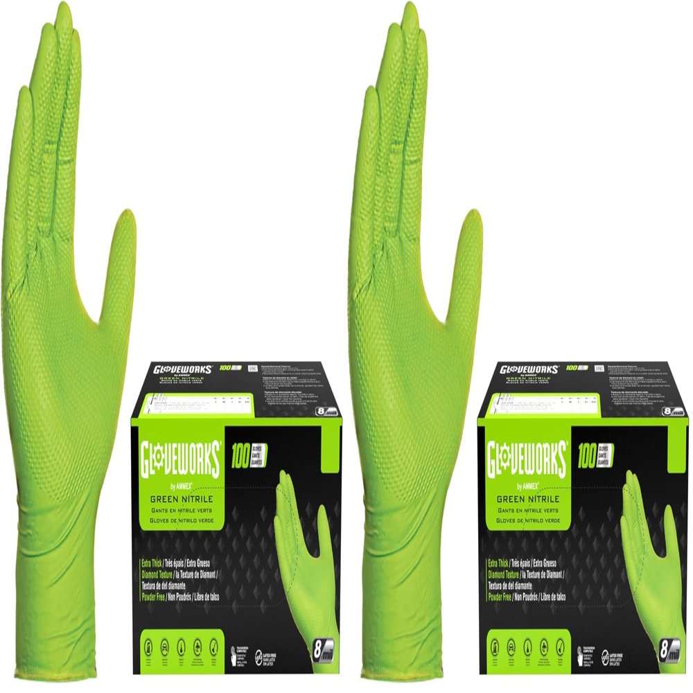 GLOVEWORKS HD Green Nitrile Industrial Disposable Gloves, 8 Mil, Latex-Free, Raised Diamond Texture, XX-Large, Box of 100