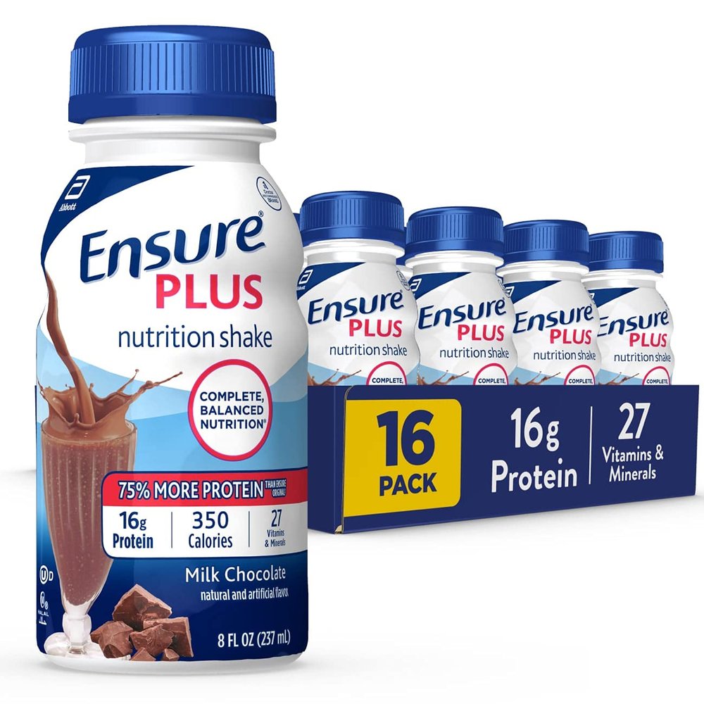 Ensure Plus Nutrition Shake with 13 grams of protein, Meal Replacement Shakes, Milk Chocolate, 8 fl oz, 16 count