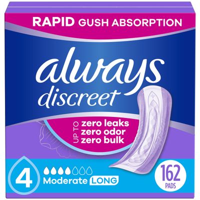 Always Discreet Adult Incontinence Pads for Women, Moderate Absorbency, Long Length, Postpartum Pads, 162 Count (3 Packs of 54)